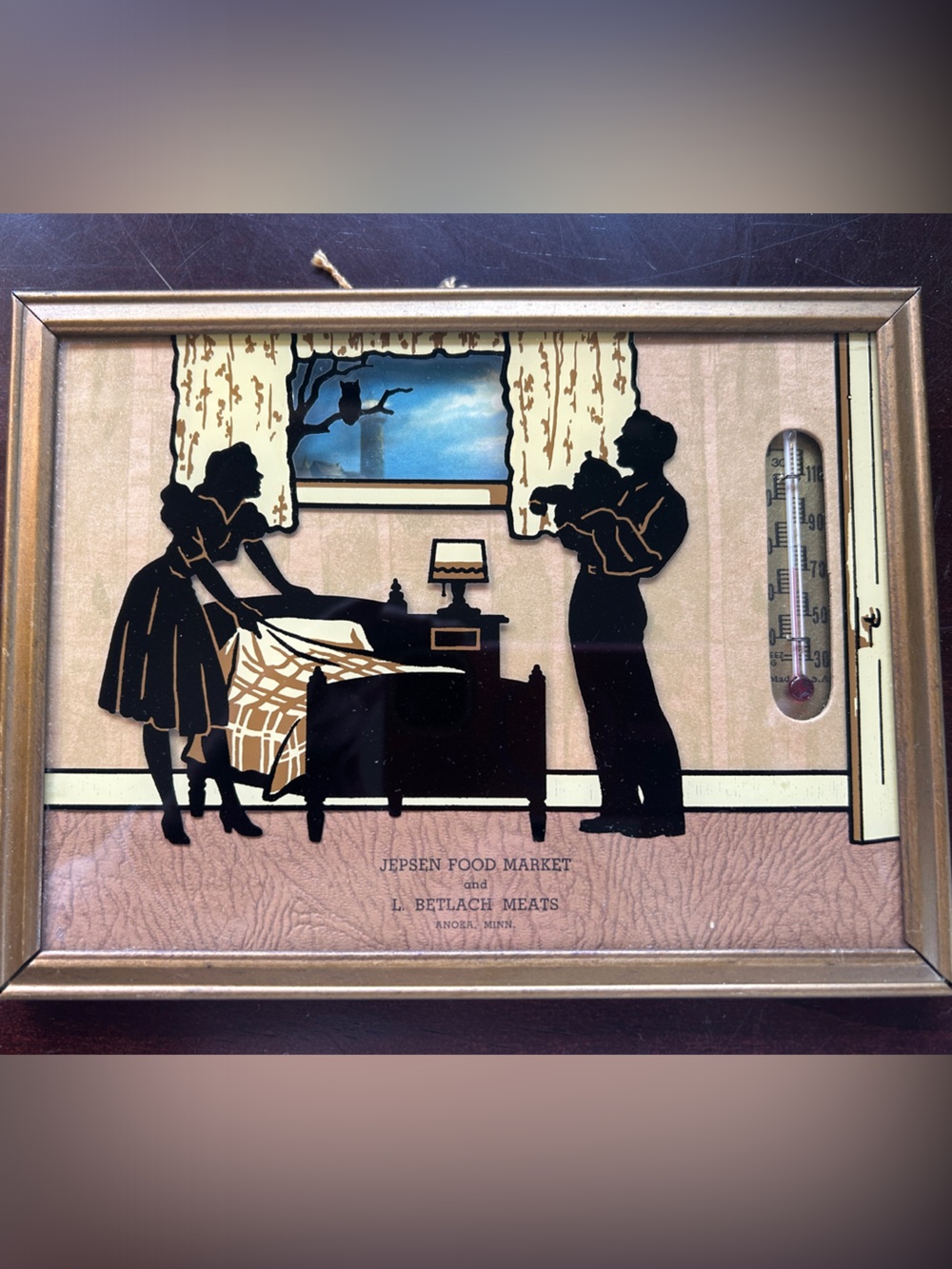 Vintage Wall Thermometer Art Plaque with Silhouette Scene - Black & Gold
